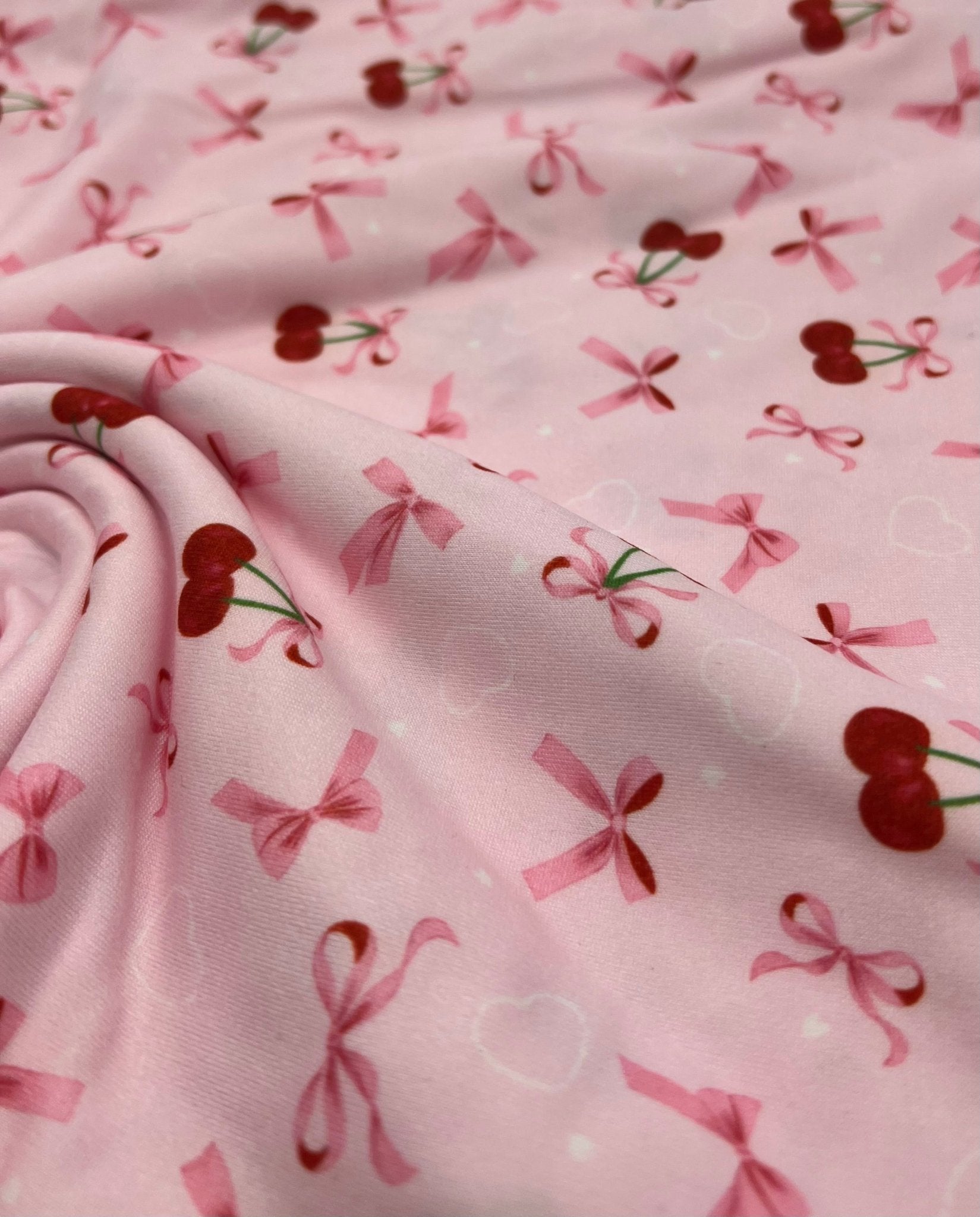 Pink Cherry Bow Super Soft Print Spun Poly Stretch Fabric - T9 Fabrics