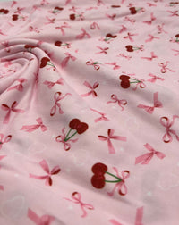 Pink Cherry Bow Super Soft Print Spun Poly Stretch Fabric - T9 Fabrics