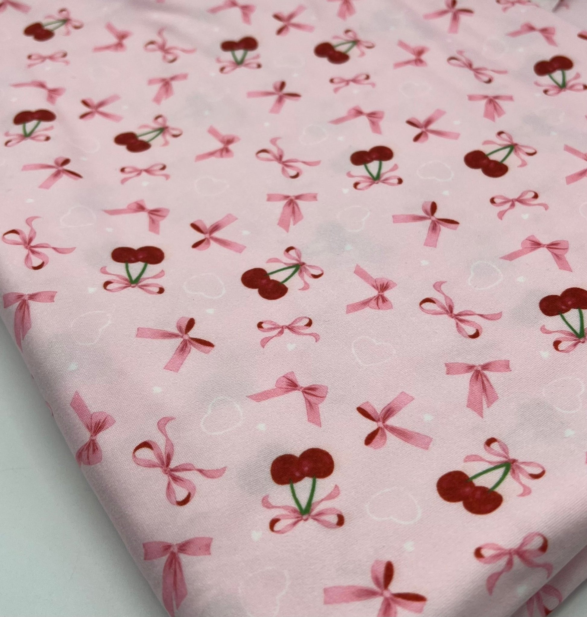 Pink Cherry Bow Super Soft Print Spun Poly Stretch Fabric - T9 Fabrics