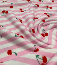 Pink Cherry Stripe Super Soft Print Spun Poly Stretch Fabric - T9 Fabrics