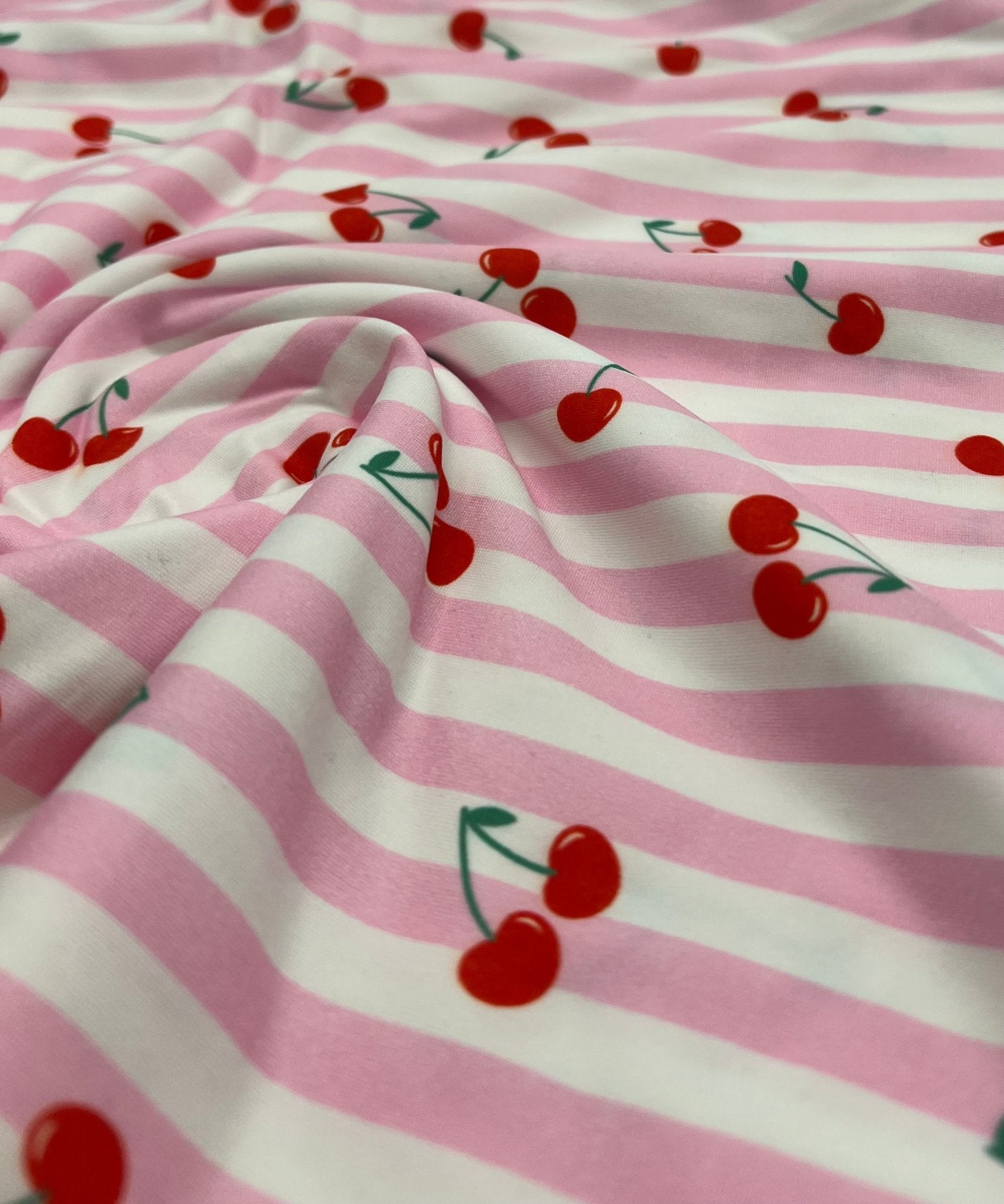 Pink Cherry Stripe Super Soft Print Spun Poly Stretch Fabric - T9 Fabrics