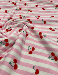 Pink Cherry Stripe Super Soft Print Spun Poly Stretch Fabric - T9 Fabrics