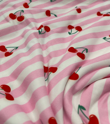 Pink Cherry Stripe Super Soft Print Spun Poly Stretch Fabric - T9 Fabrics