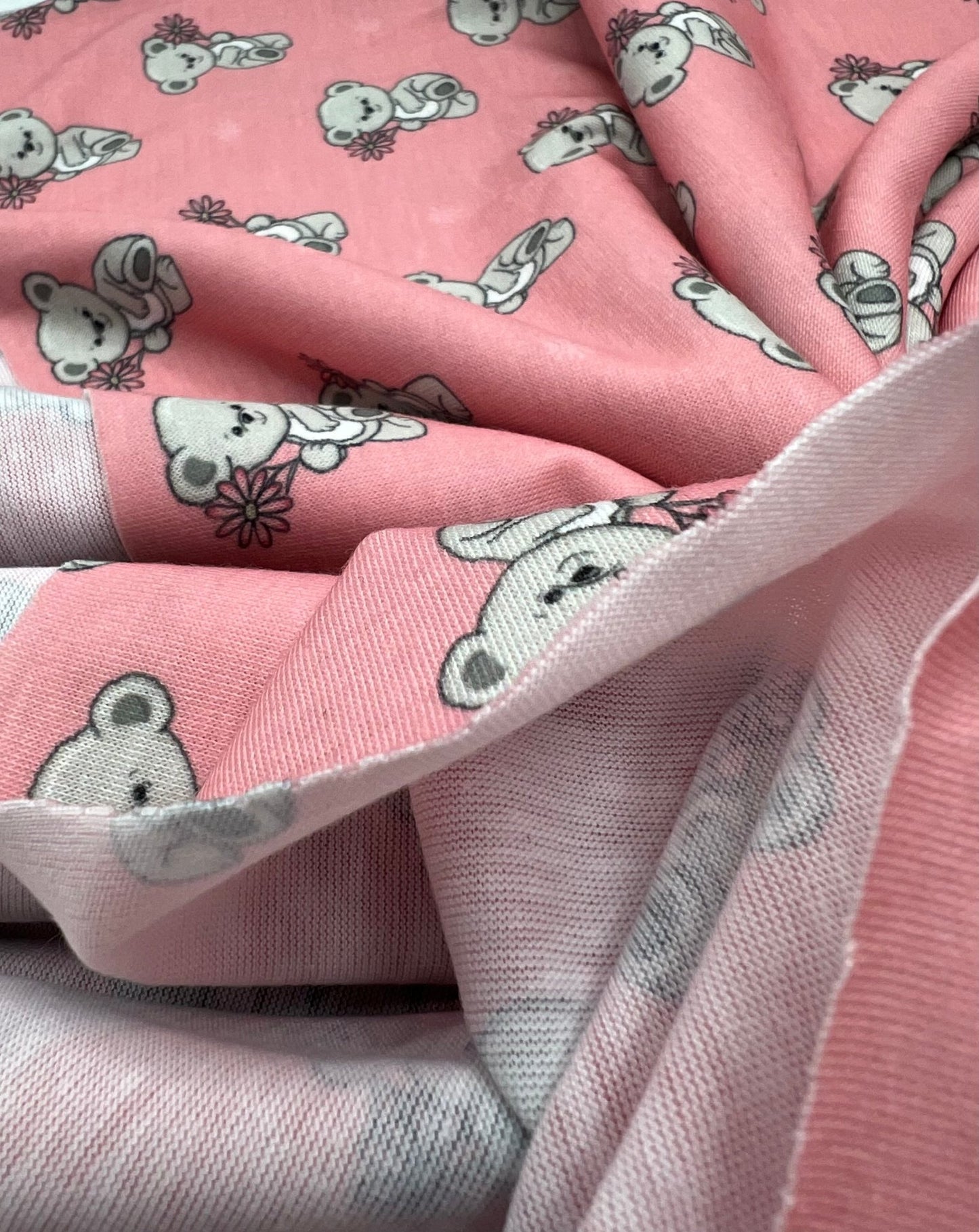 Pink Cute Teddy Bear Print Spun Poly Stretch Fabric - T9 Fabrics