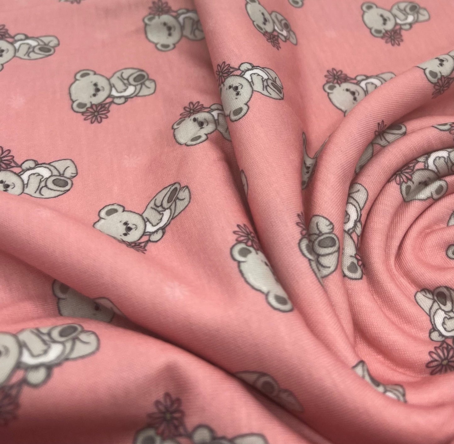 Pink Cute Teddy Bear Print Spun Poly Stretch Fabric - T9 Fabrics