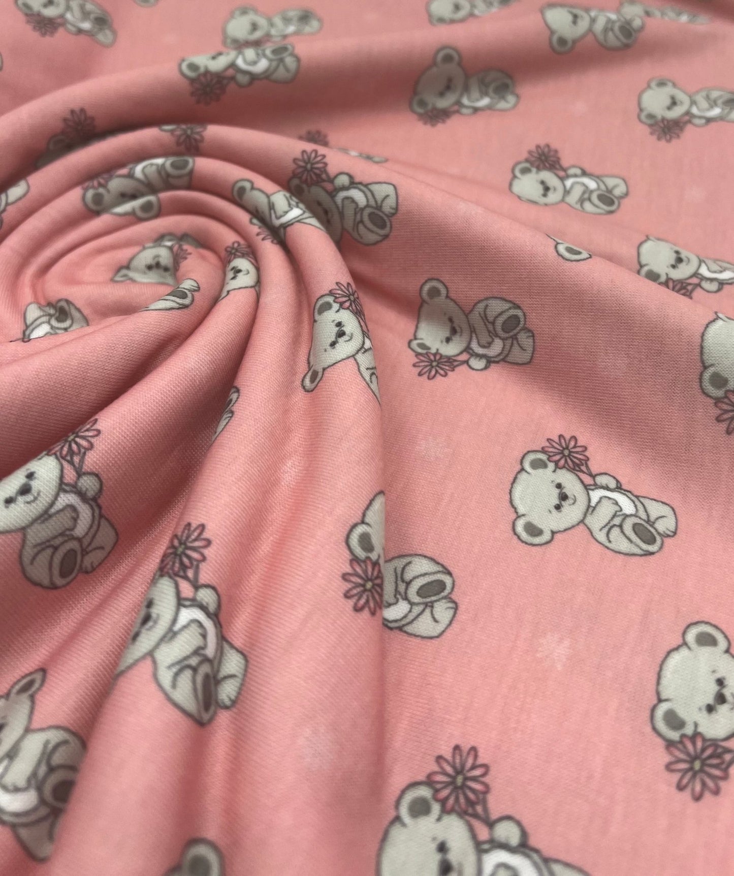 Pink Cute Teddy Bear Print Spun Poly Stretch Fabric - T9 Fabrics