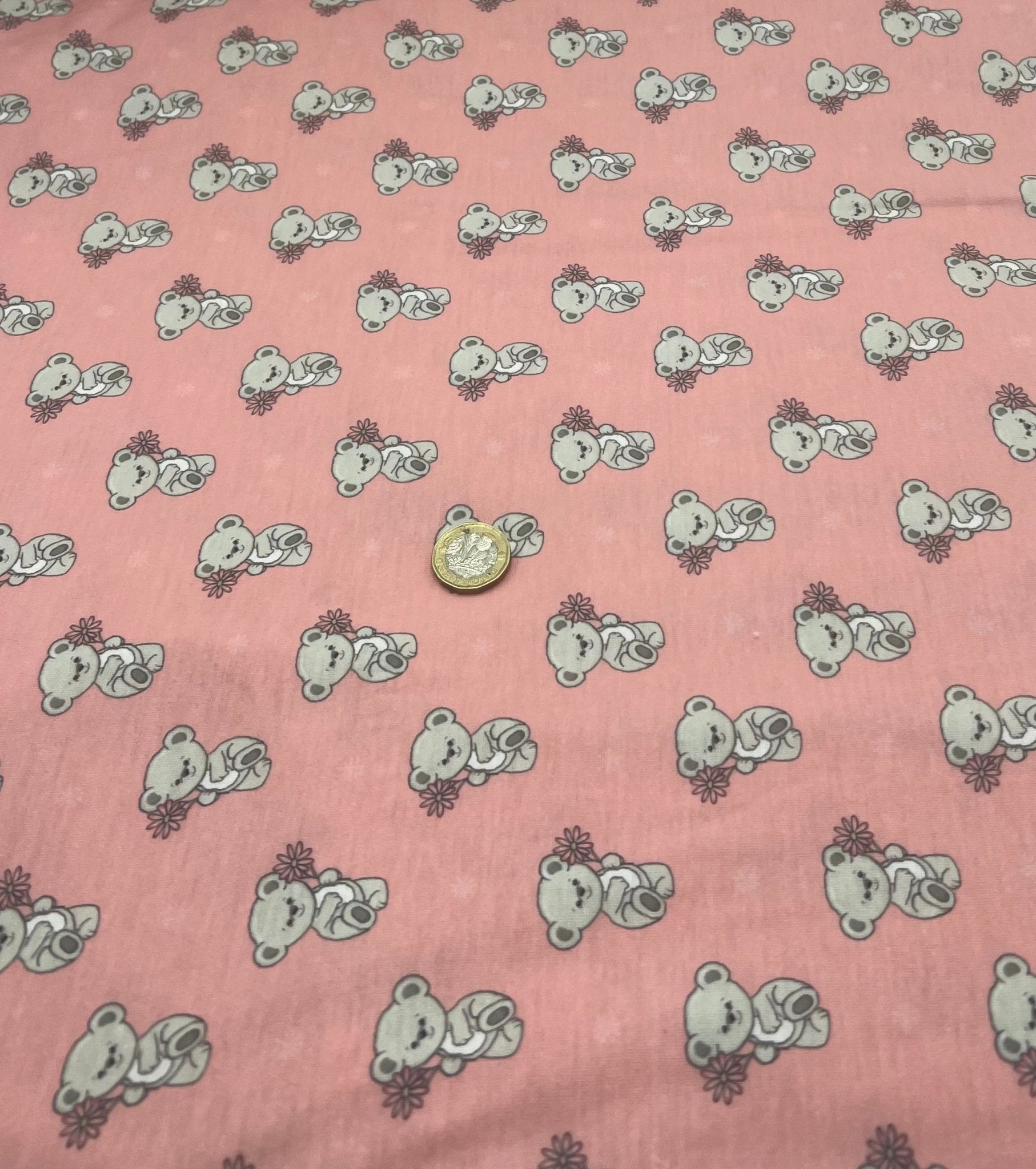 Pink Cute Teddy Bear Print Spun Poly Stretch Fabric - T9 Fabrics