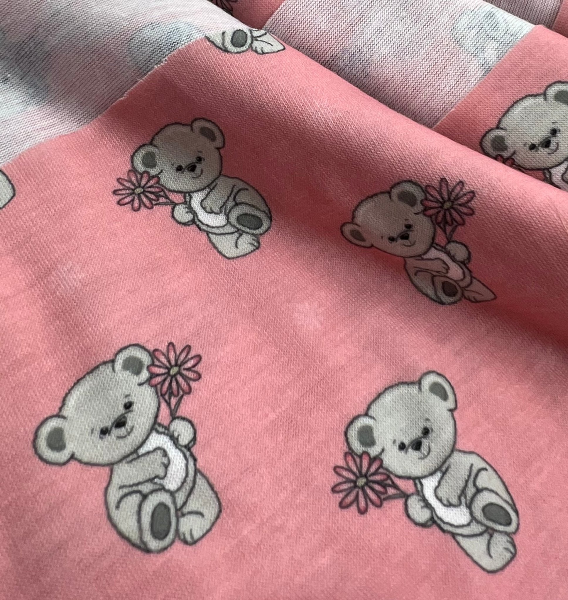 Pink Cute Teddy Bear Print Spun Poly Stretch Fabric - T9 Fabrics