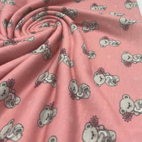 Pink Cute Teddy Bear Print Spun Poly Stretch Fabric - T9 Fabrics