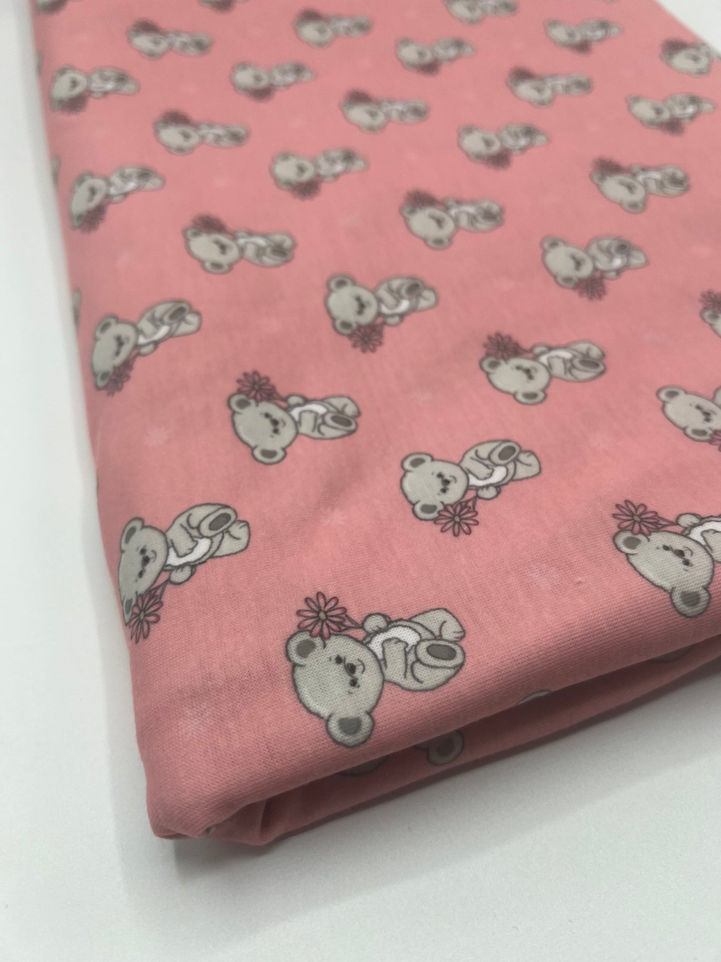 Pink Cute Teddy Bear Print Spun Poly Stretch Fabric - T9 Fabrics