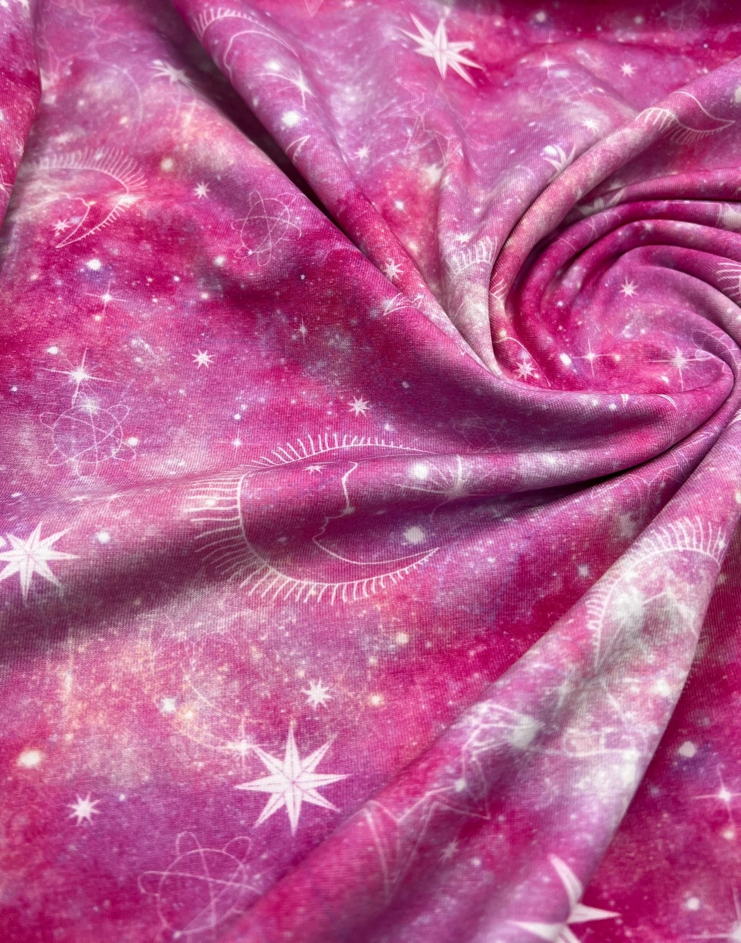 Pink Galaxy Print Cotton Stretch Jersey 200 GSM 95/5 Lycra 4 Way Stretch - T9 Fabrics