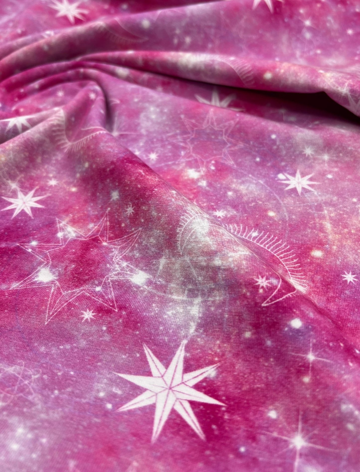 Pink Galaxy Print Cotton Stretch Jersey 200 GSM 95/5 Lycra 4 Way Stretch - T9 Fabrics