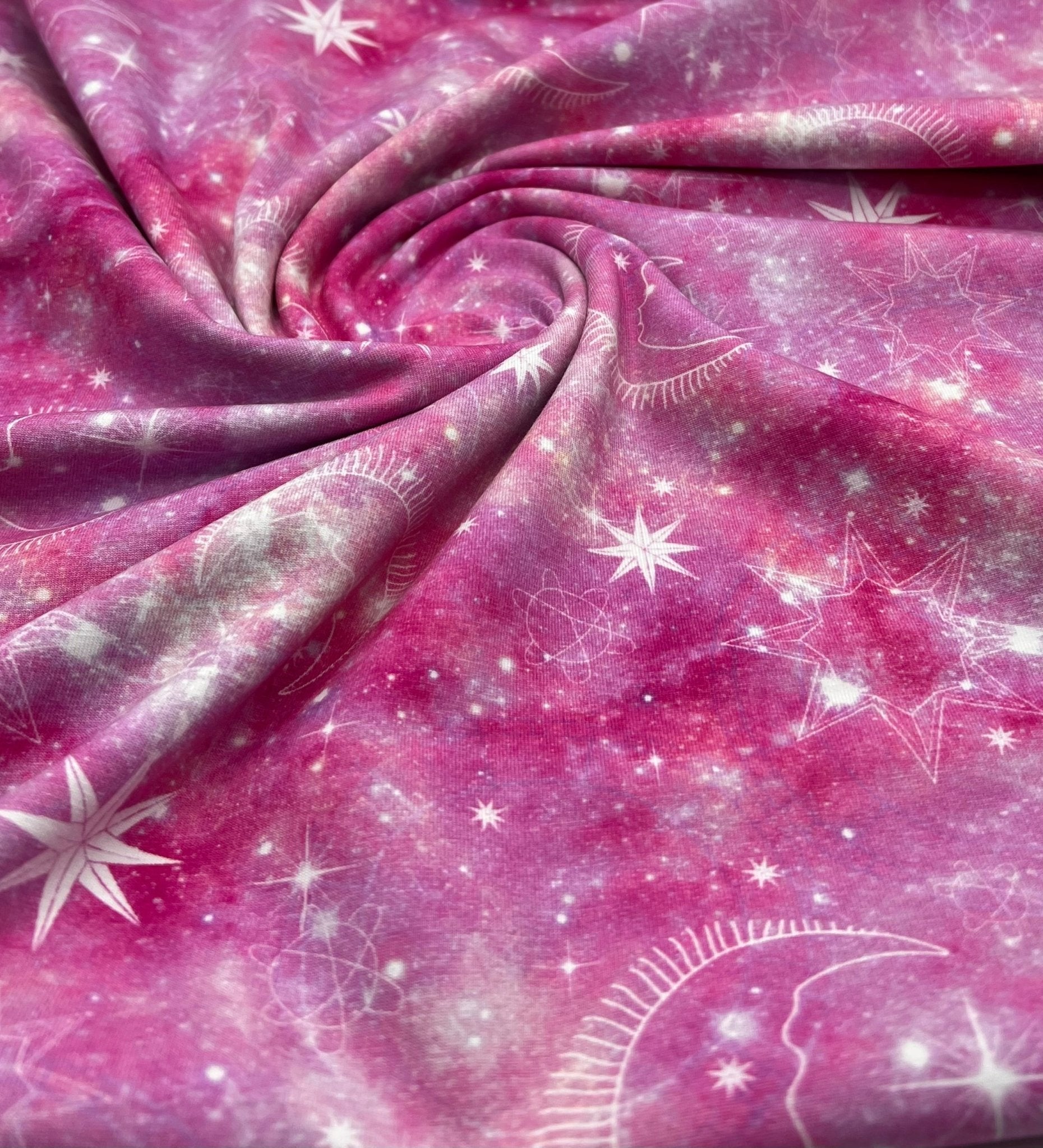 Pink Galaxy Print Cotton Stretch Jersey 200 GSM 95/5 Lycra 4 Way Stretch - T9 Fabrics