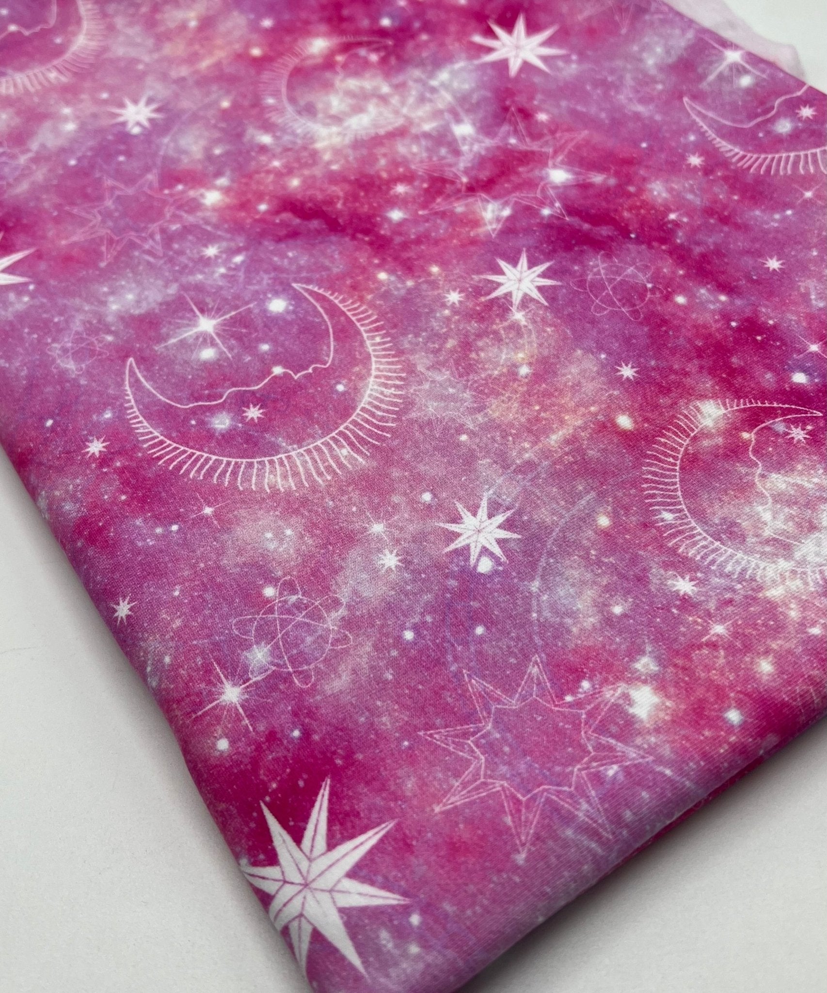 Pink Galaxy Print Cotton Stretch Jersey 200 GSM 95/5 Lycra 4 Way Stretch - T9 Fabrics