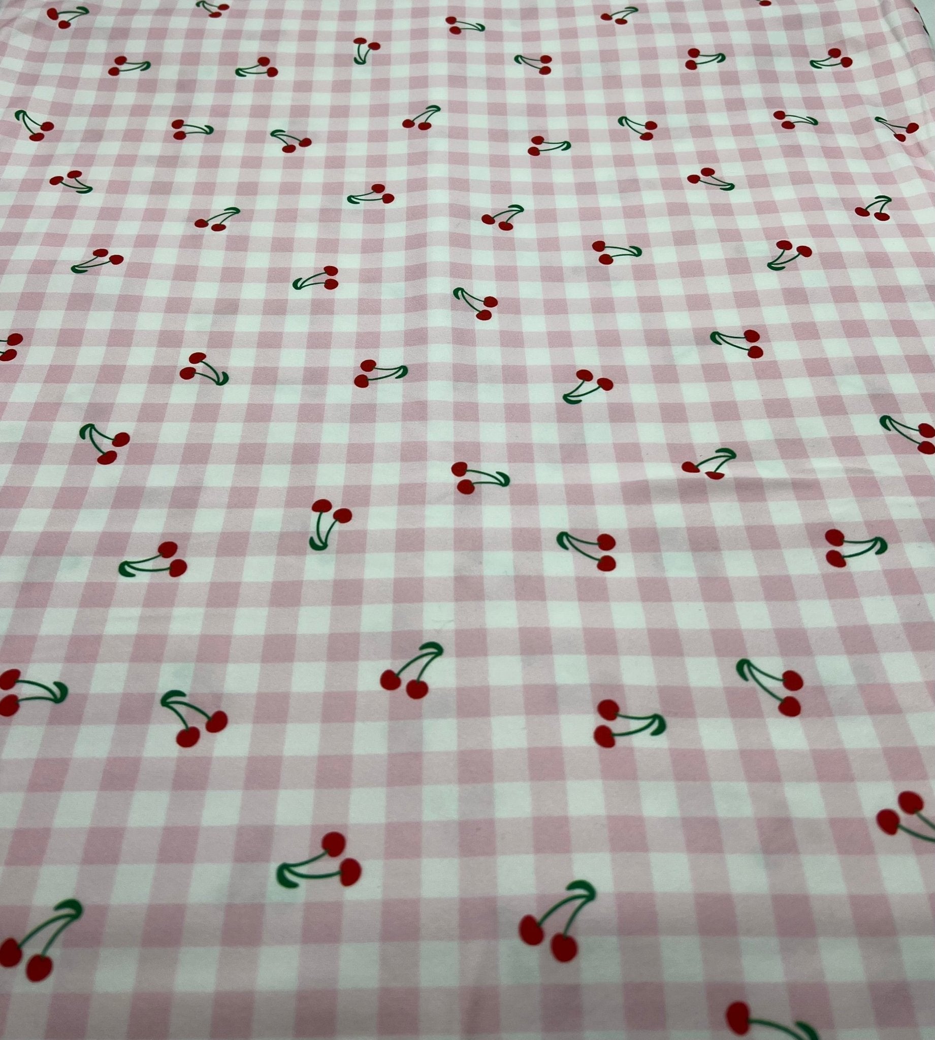 Pink Gingham Cherry Print Soft Spun Poly Stretch Fabric - T9 Fabrics