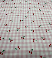 Pink Gingham Cherry Print Soft Spun Poly Stretch Fabric - T9 Fabrics