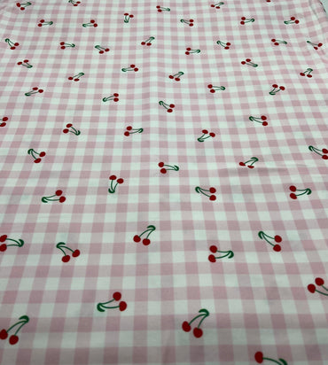 Pink Gingham Cherry Print Soft Spun Poly Stretch Fabric - T9 Fabrics