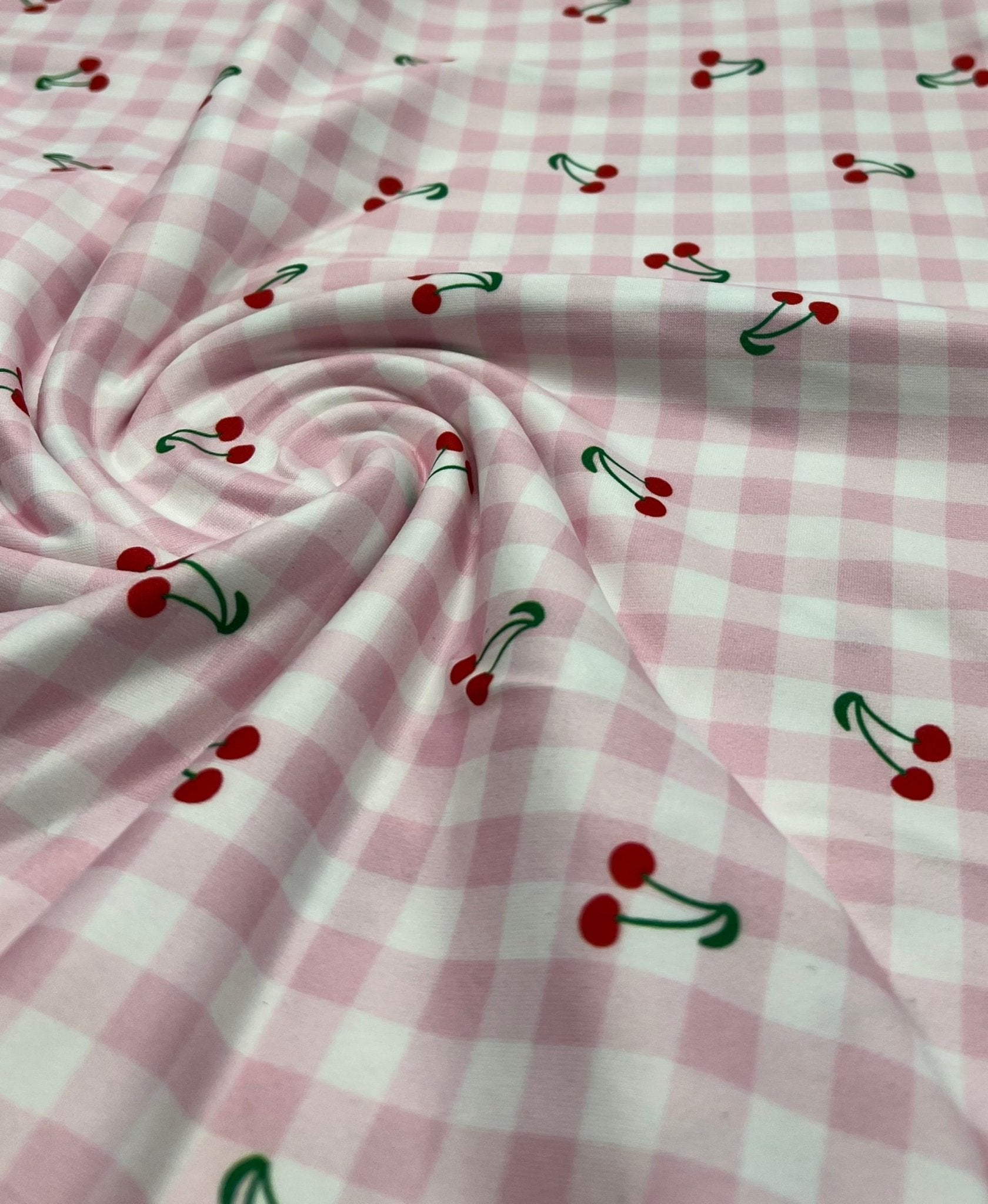 Pink Gingham Cherry Print Soft Spun Poly Stretch Fabric - T9 Fabrics
