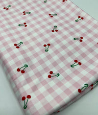 Pink Gingham Cherry Print Soft Spun Poly Stretch Fabric - T9 Fabrics