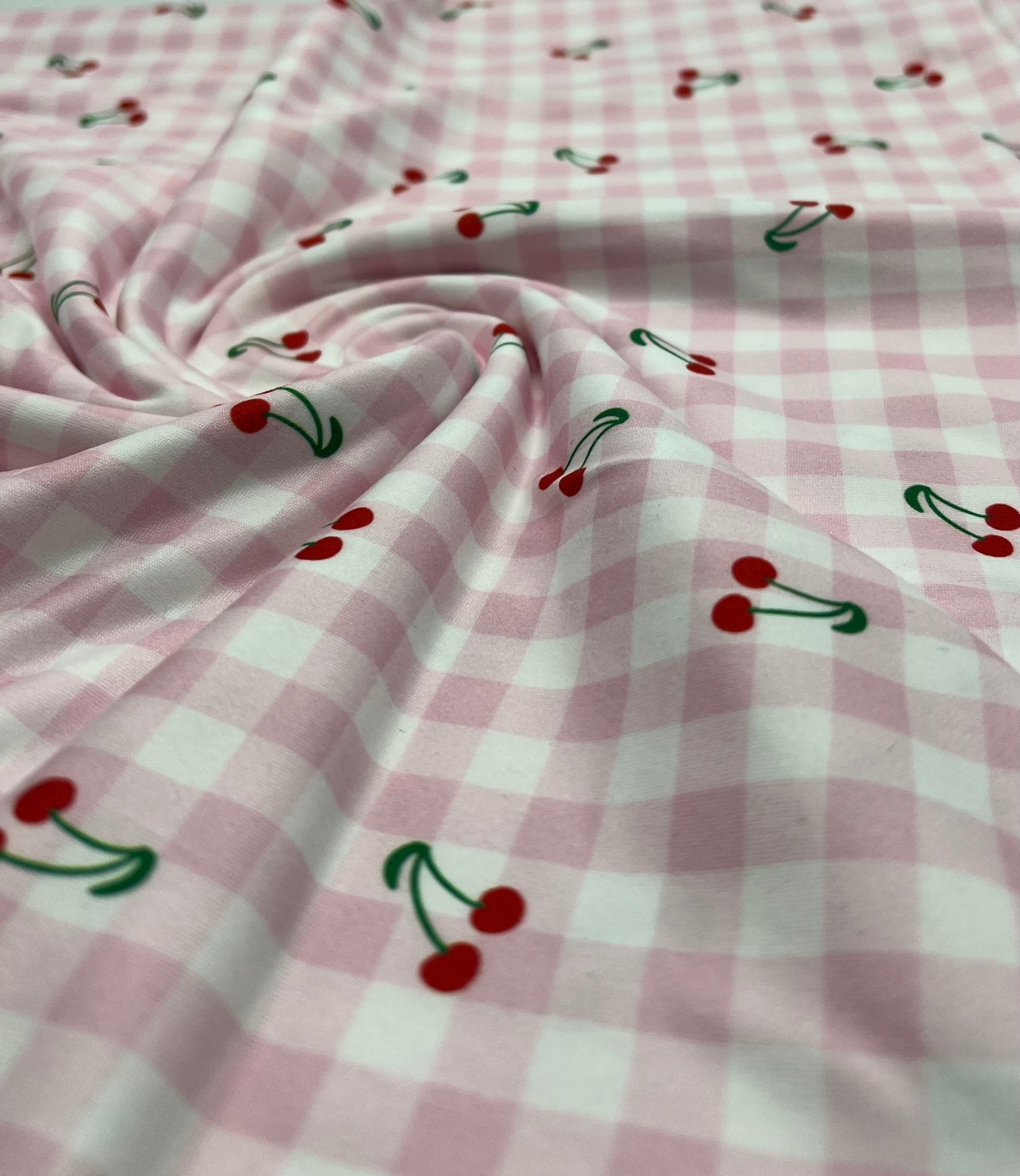 Pink Gingham Cherry Print Soft Spun Poly Stretch Fabric - T9 Fabrics