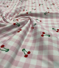 Pink Gingham Cherry Print Soft Spun Poly Stretch Fabric - T9 Fabrics