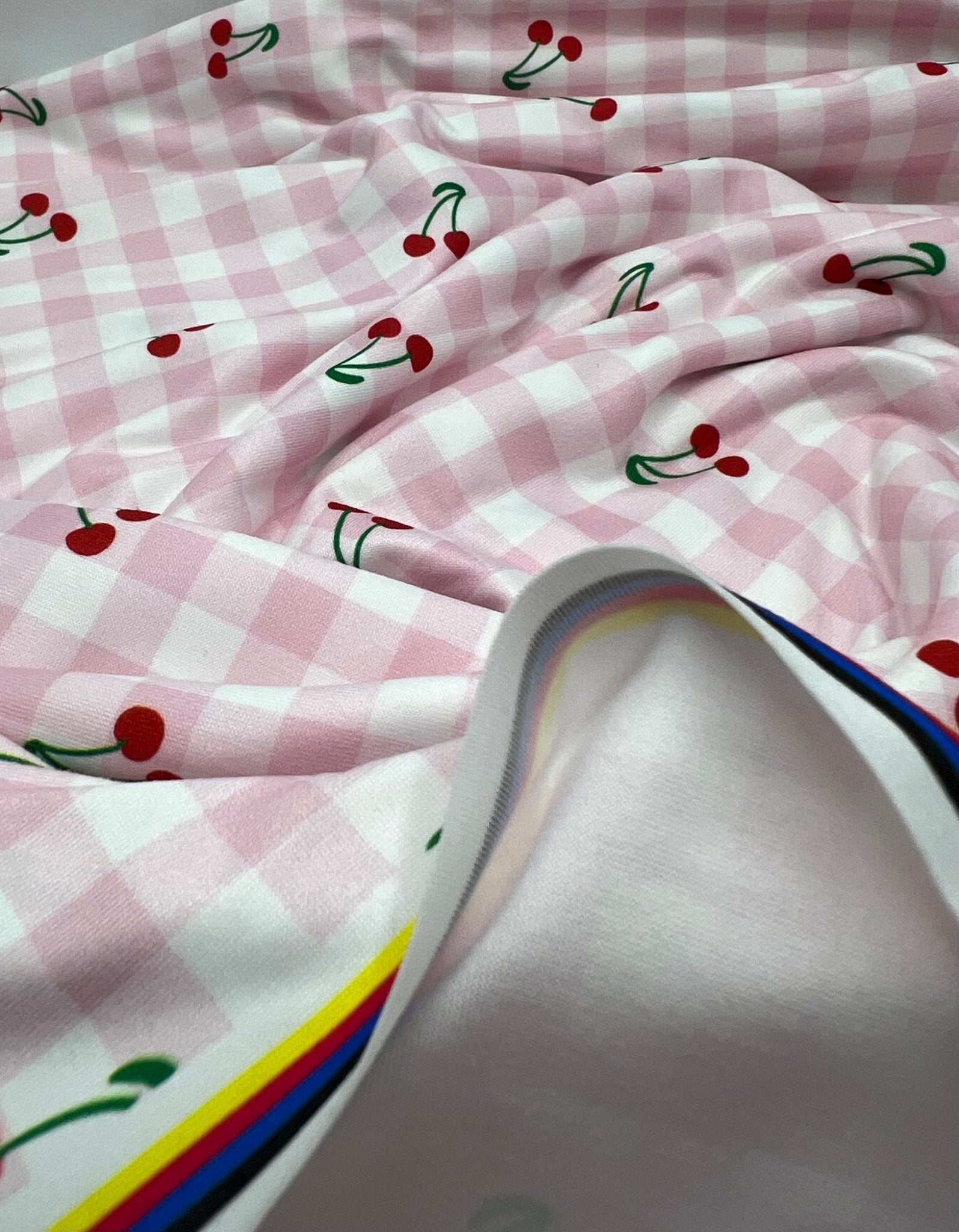 Pink Gingham Cherry Print Soft Spun Poly Stretch Fabric - T9 Fabrics