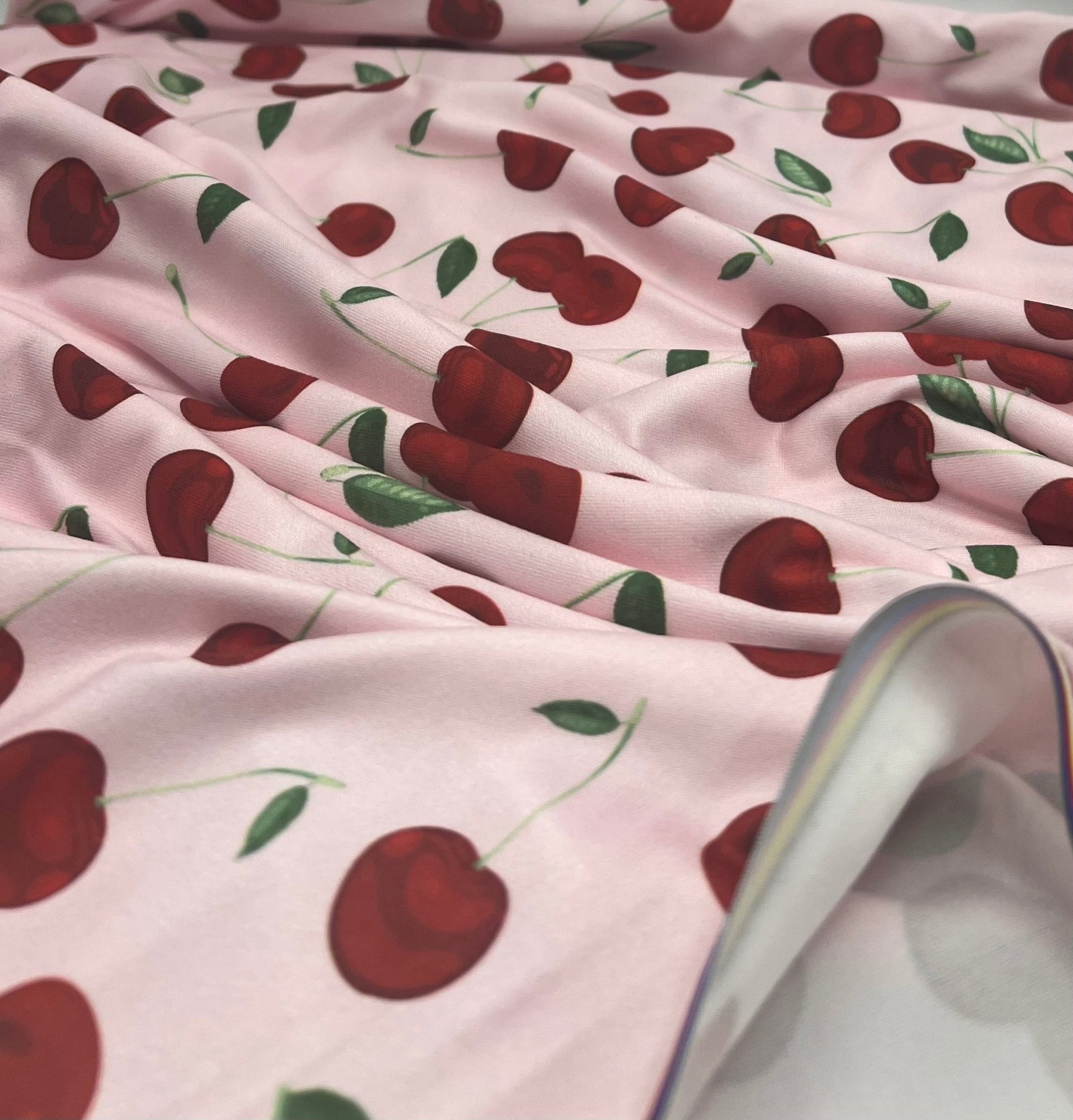 Pink Large Cherry Print Super Soft Spun Poly Stretch Fabric - T9 Fabrics