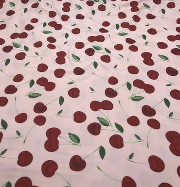 Pink Large Cherry Print Super Soft Spun Poly Stretch Fabric - T9 Fabrics