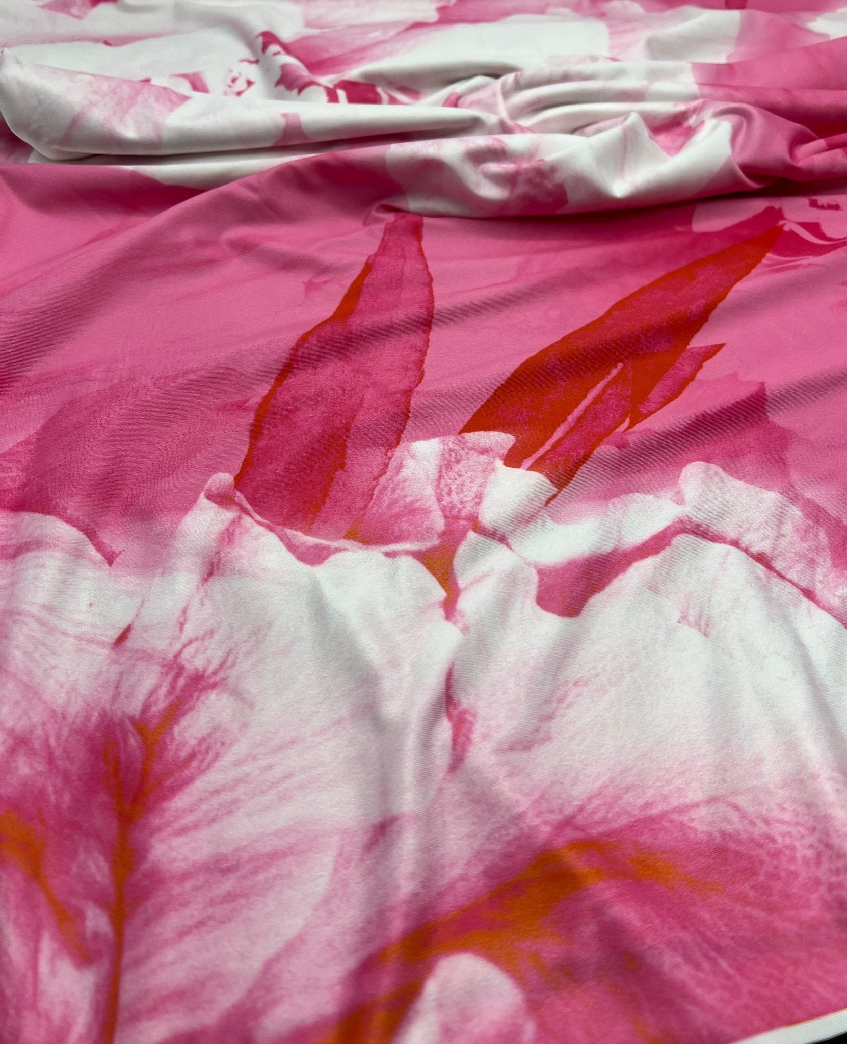 Pink Large Floral Orange Print Soft Touch 4 Way Stretch Fabric - T9 Fabrics