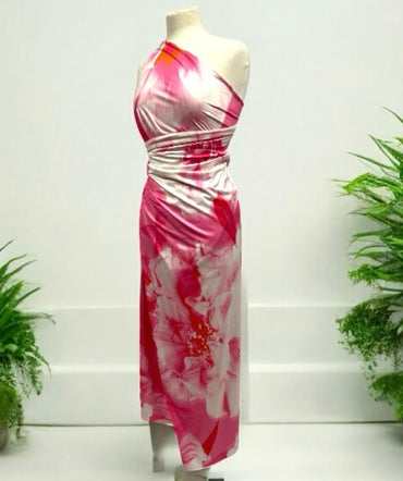 Pink Large Floral Orange Print Soft Touch 4 Way Stretch Fabric - T9 Fabrics