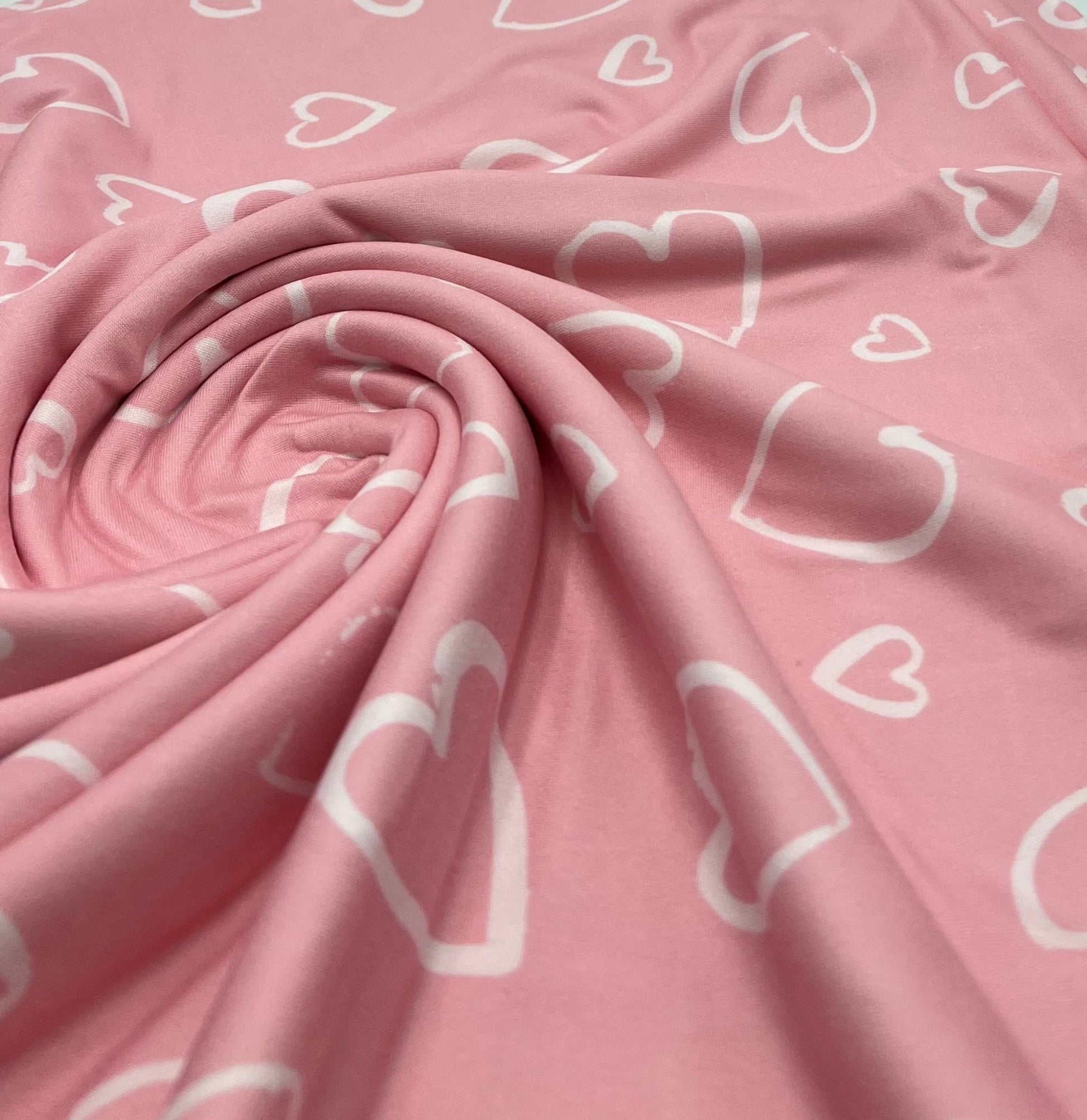 Pink Love Heart Super Soft Print Spun Poly Stretch Fabric - T9 Fabrics
