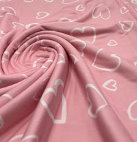Pink Love Heart Super Soft Print Spun Poly Stretch Fabric - T9 Fabrics