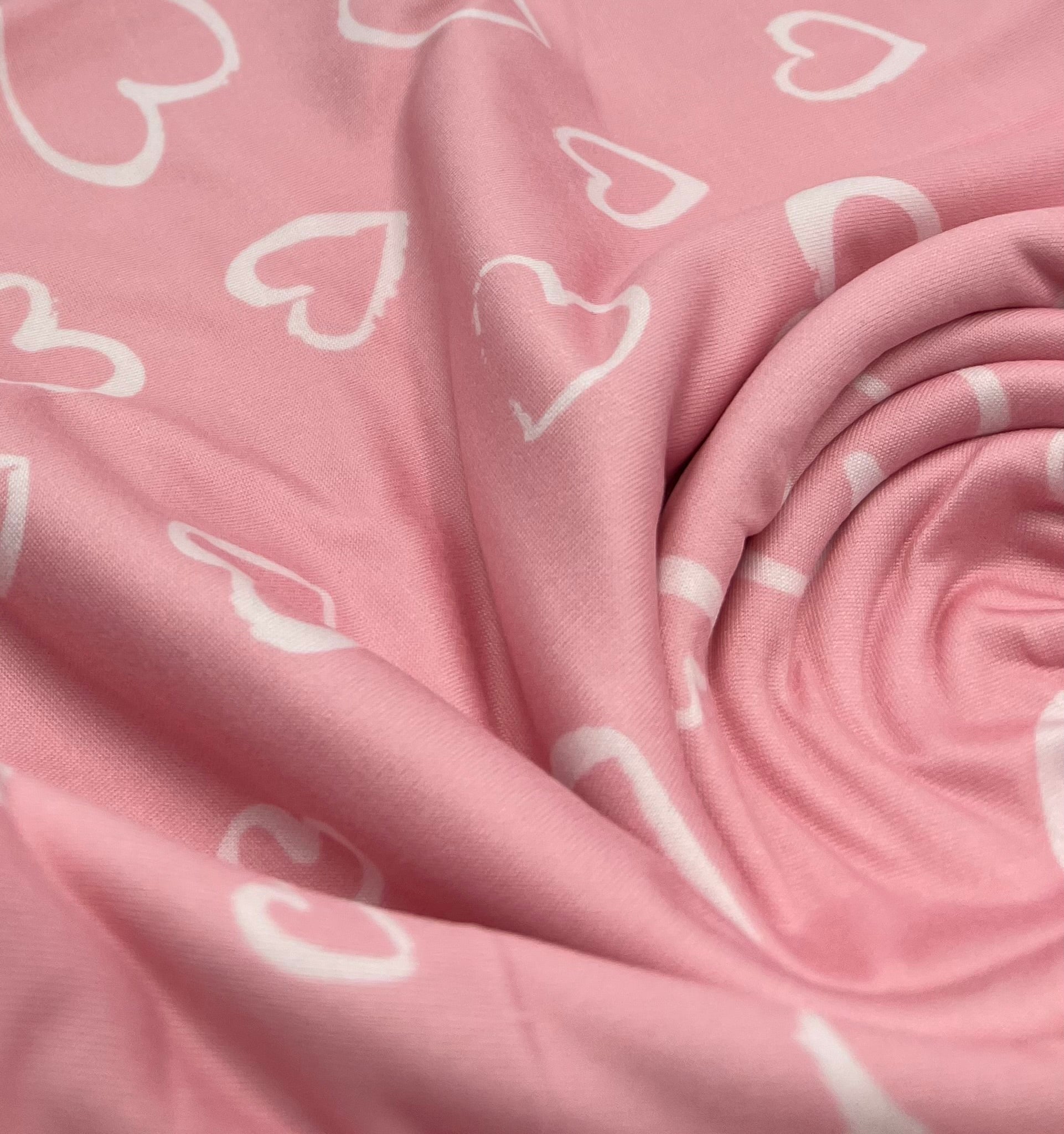 Pink Love Heart Super Soft Print Spun Poly Stretch Fabric - T9 Fabrics