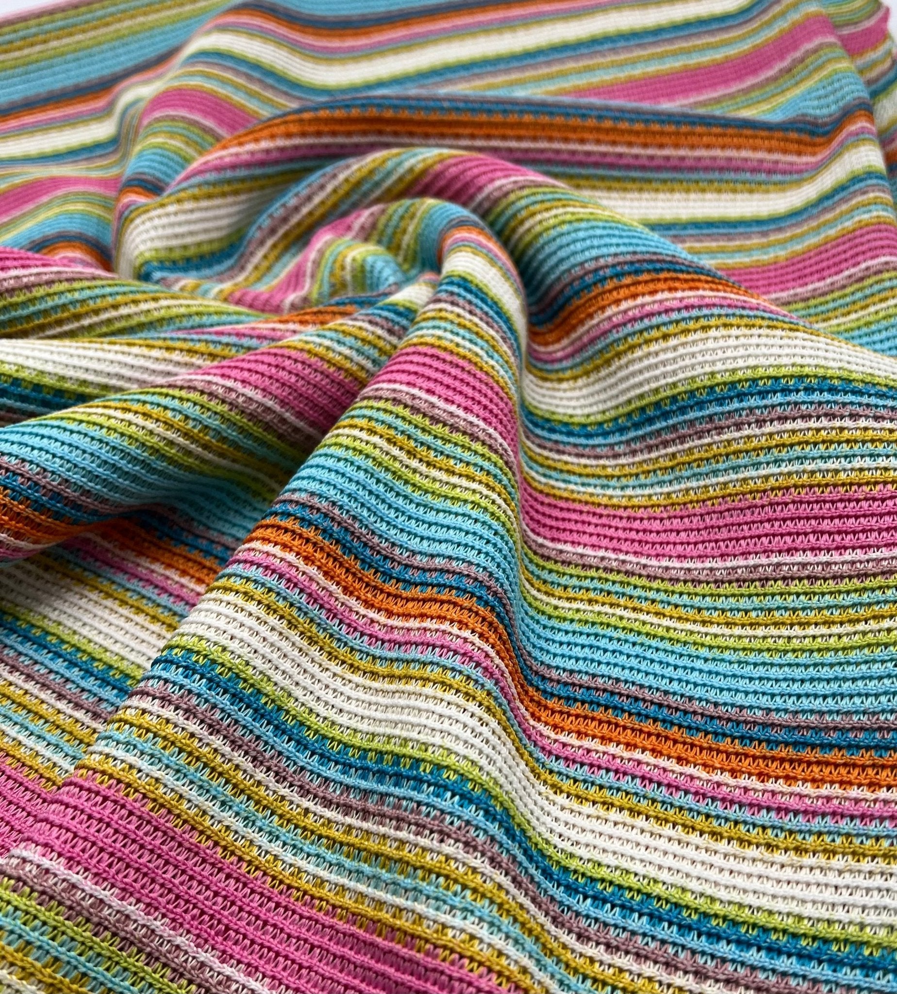 Pink Multi Stripe Textured Knitted 2 Way Stretch Fabric - T9 Fabrics