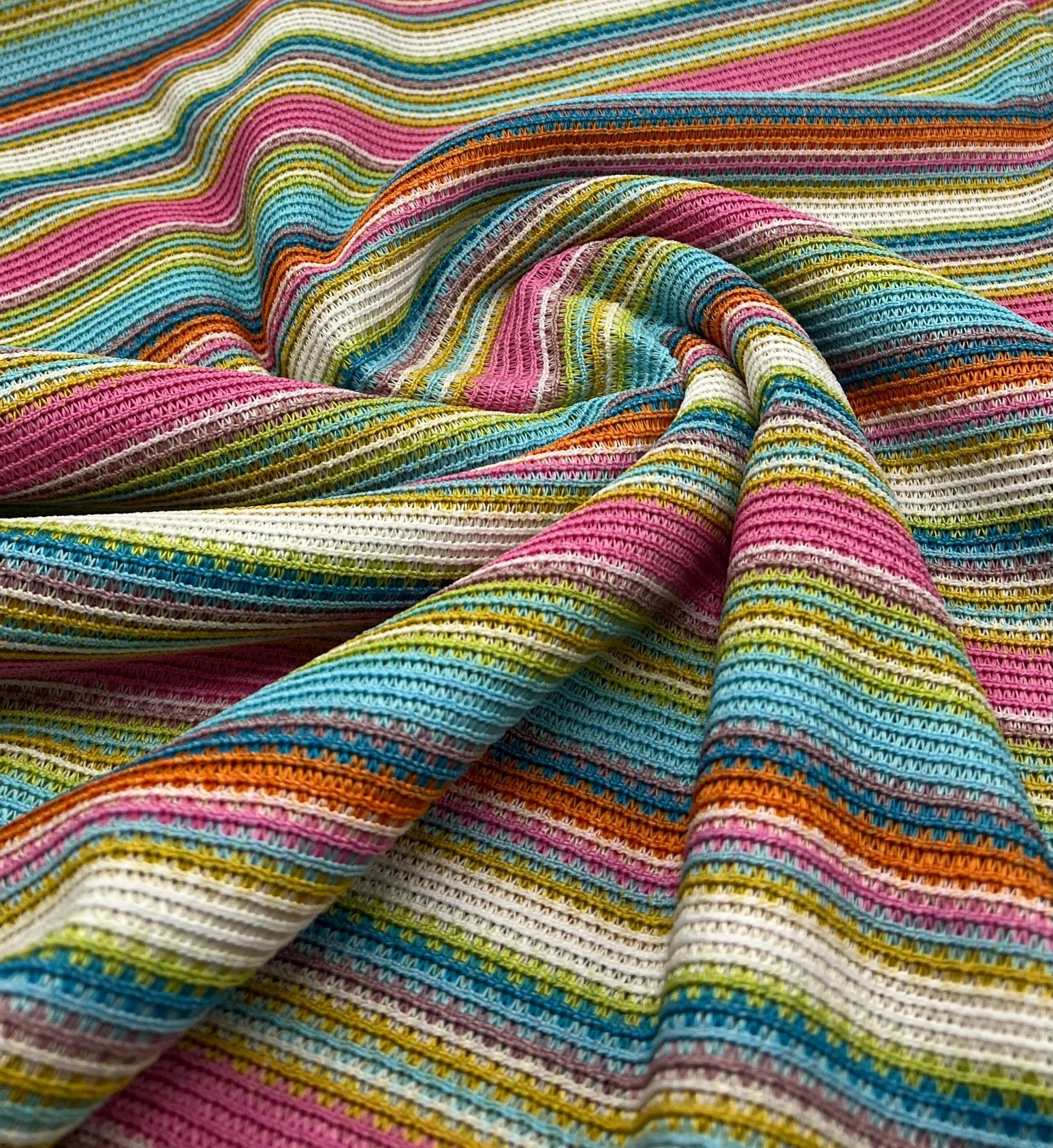 Pink Multi Stripe Textured Knitted 2 Way Stretch Fabric - T9 Fabrics