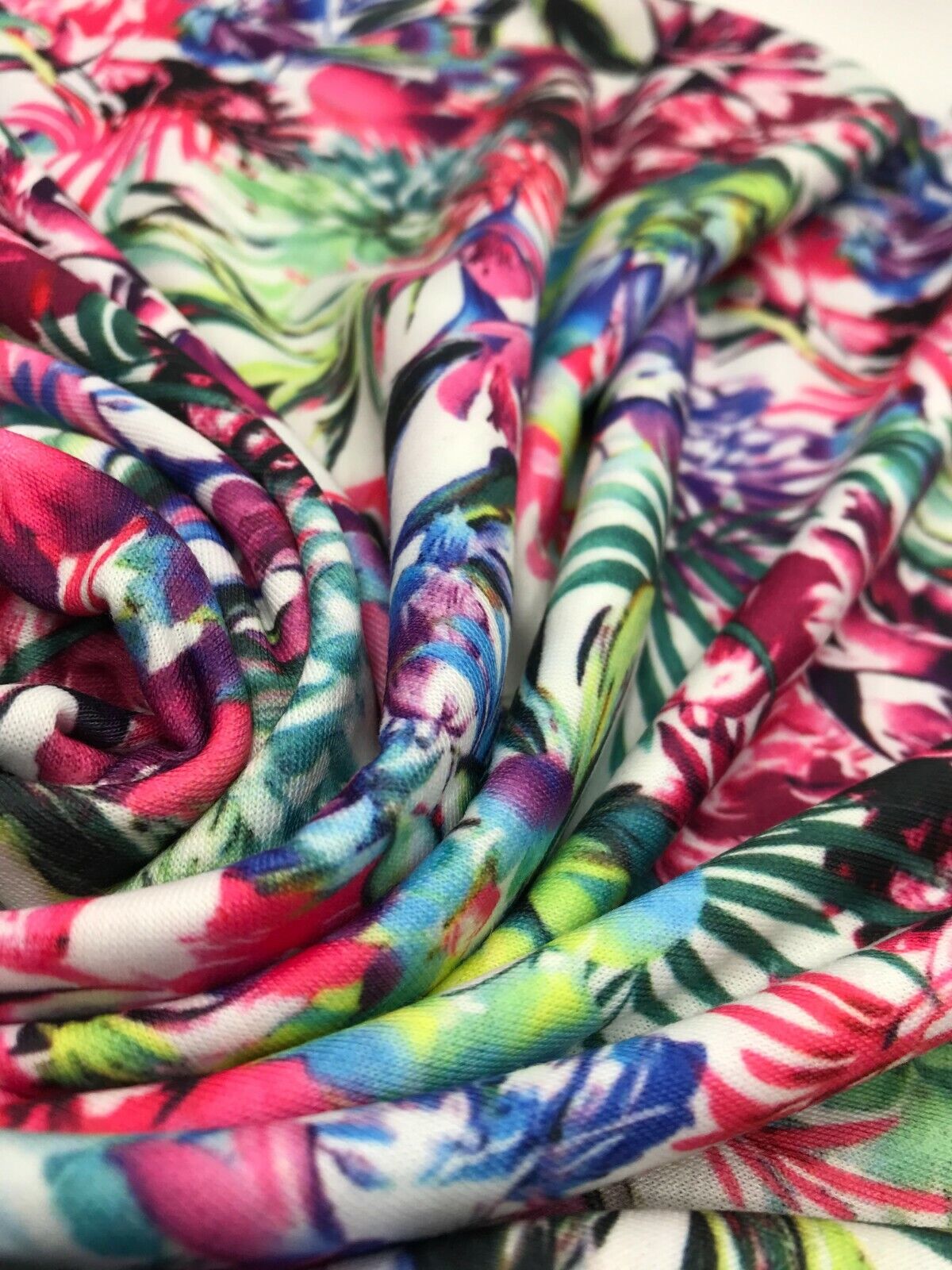 Pink Multi Tropical Print Spun Poly Stretch Fabric - T9 Fabrics