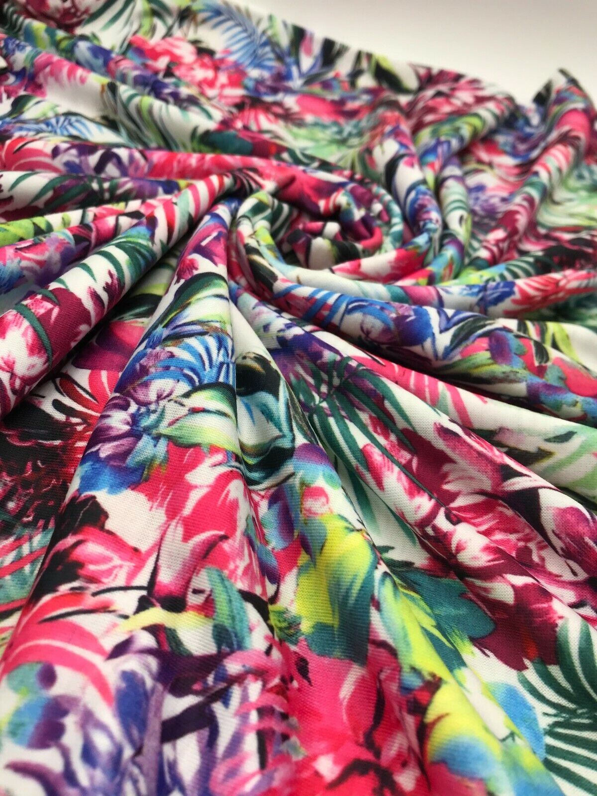 Pink Multi Tropical Print Spun Poly Stretch Fabric - T9 Fabrics