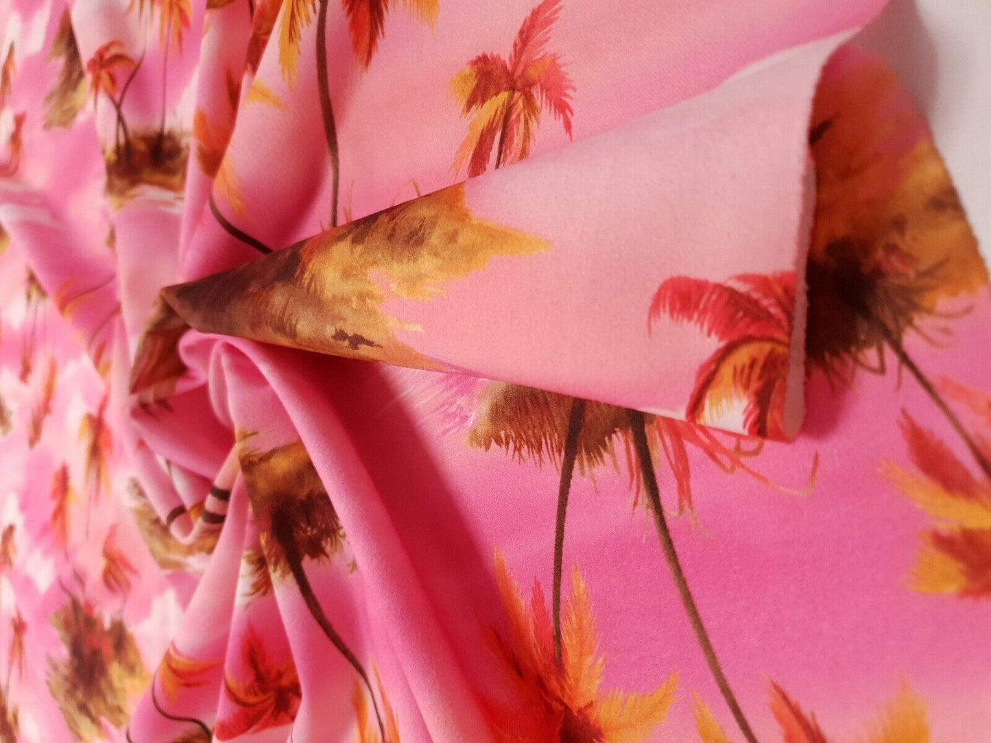 Pink Palm Tree Printed Scuba Crepe Jersey Fabric 4 Way Stretch - T9 Fabrics