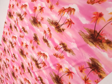 Pink Palm Tree Printed Scuba Crepe Jersey Fabric 4 Way Stretch - T9 Fabrics