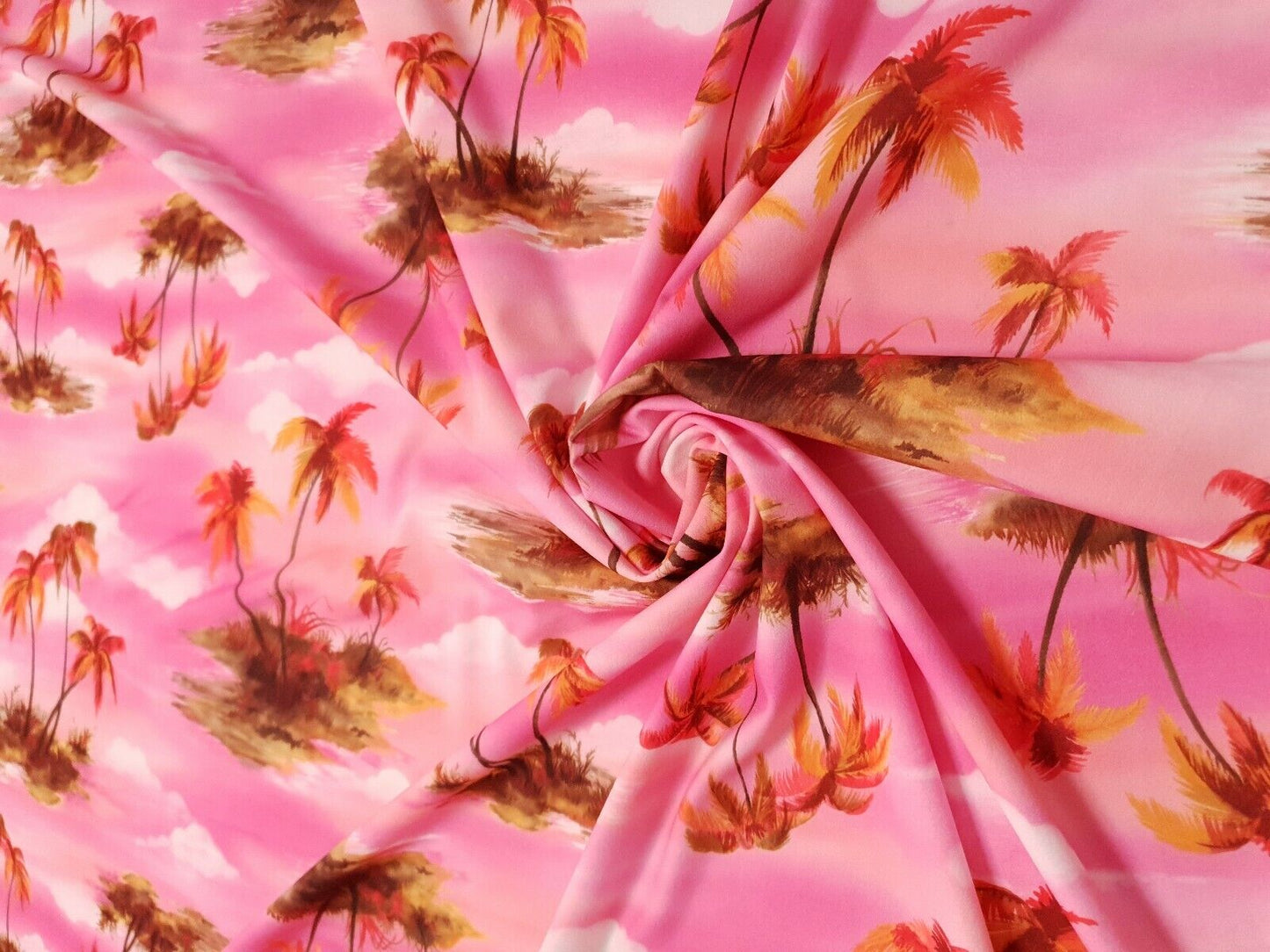 Pink Palm Tree Printed Scuba Crepe Jersey Fabric 4 Way Stretch - T9 Fabrics