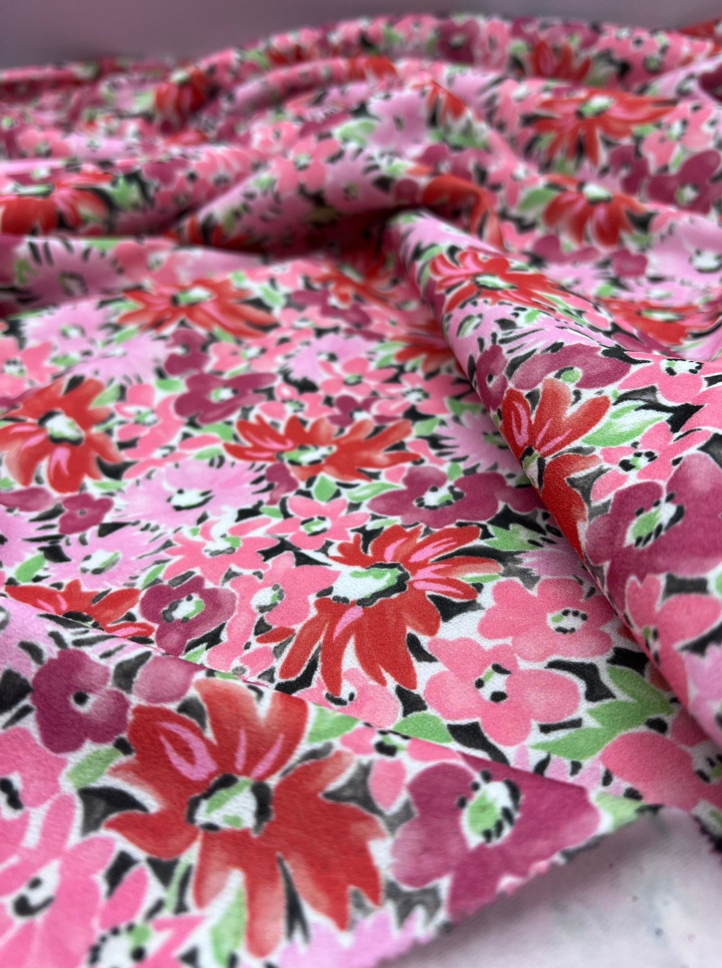 Pink & Purple Mix Floral Printed Scuba Crepe Jersey Fabric 4 Way Stretch - T9 Fabrics