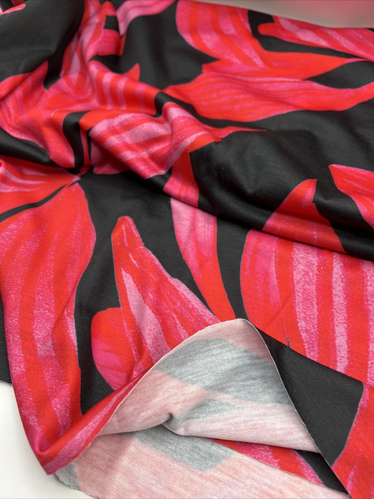 Pink Red Large Leaf Print Spun Poly Stretch Fabric - T9 Fabrics