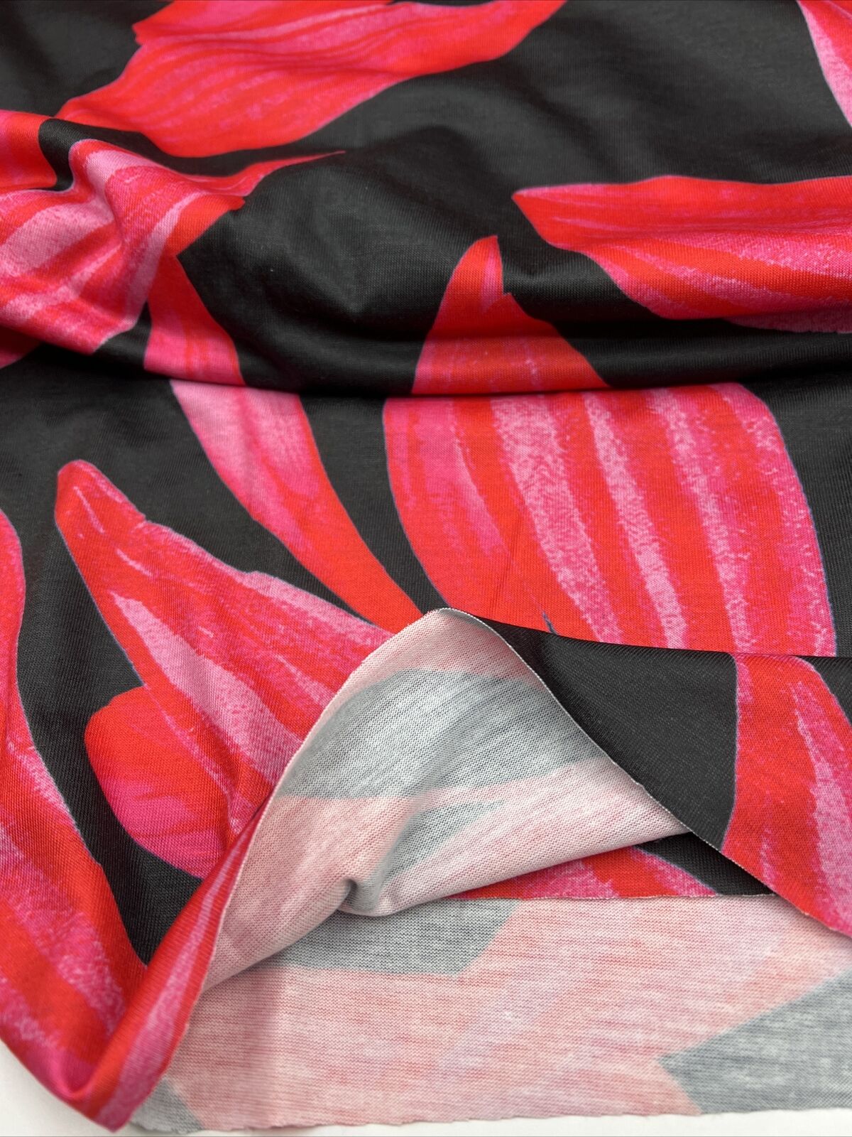 Pink Red Large Leaf Print Spun Poly Stretch Fabric - T9 Fabrics