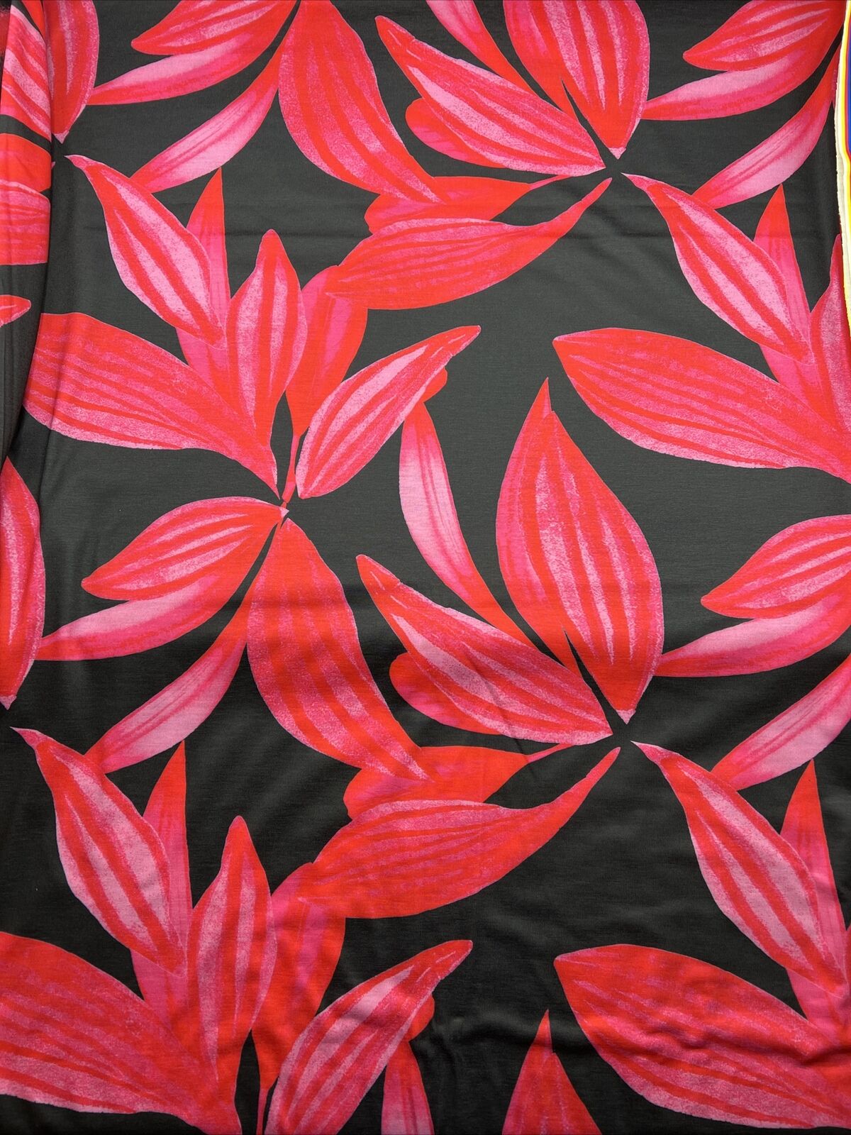 Pink Red Large Leaf Print Spun Poly Stretch Fabric - T9 Fabrics