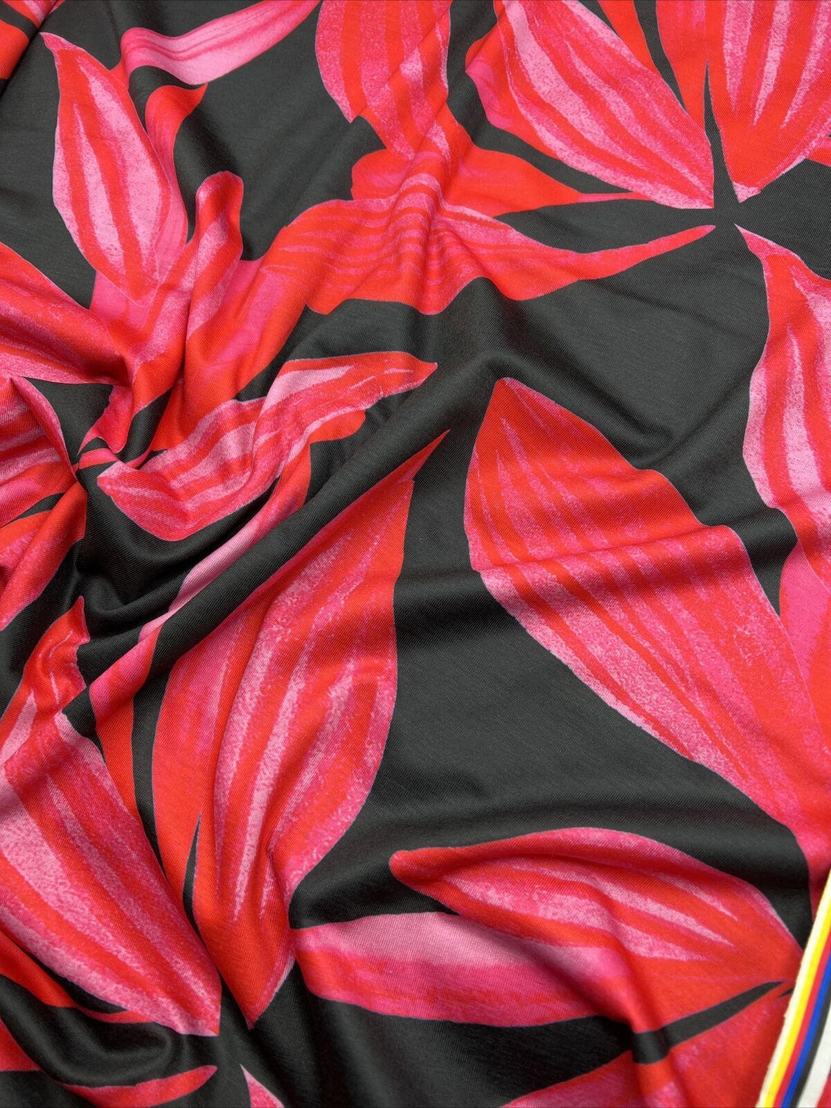 Pink Red Large Leaf Print Spun Poly Stretch Fabric - T9 Fabrics