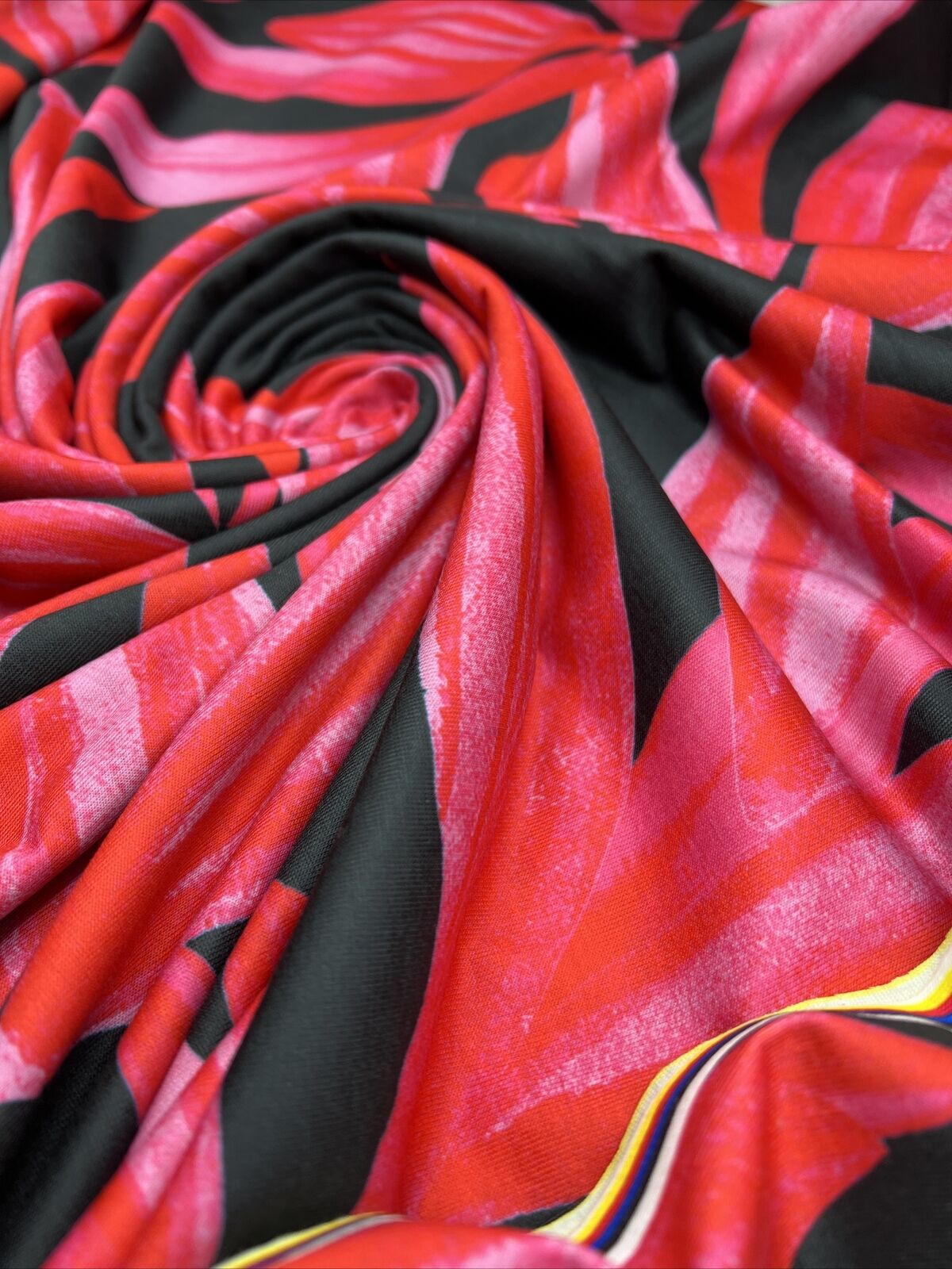 Pink Red Large Leaf Print Spun Poly Stretch Fabric - T9 Fabrics