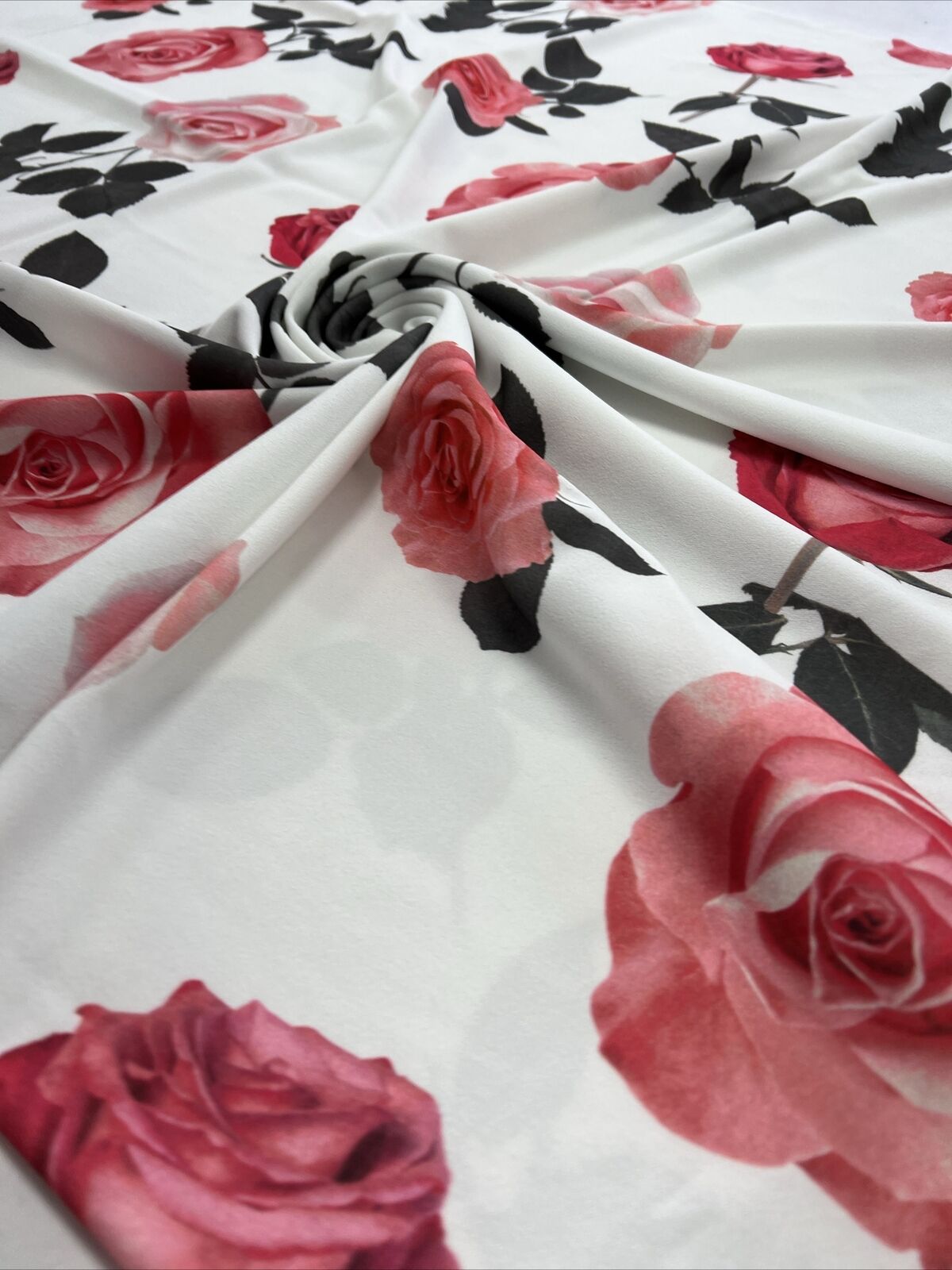 Pink Rose Printed Scuba Crepe Jersey Fabric 4 Way Stretch - T9 Fabrics