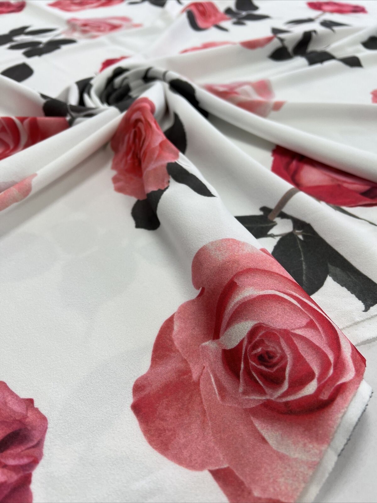 Pink Rose Printed Scuba Crepe Jersey Fabric 4 Way Stretch - T9 Fabrics