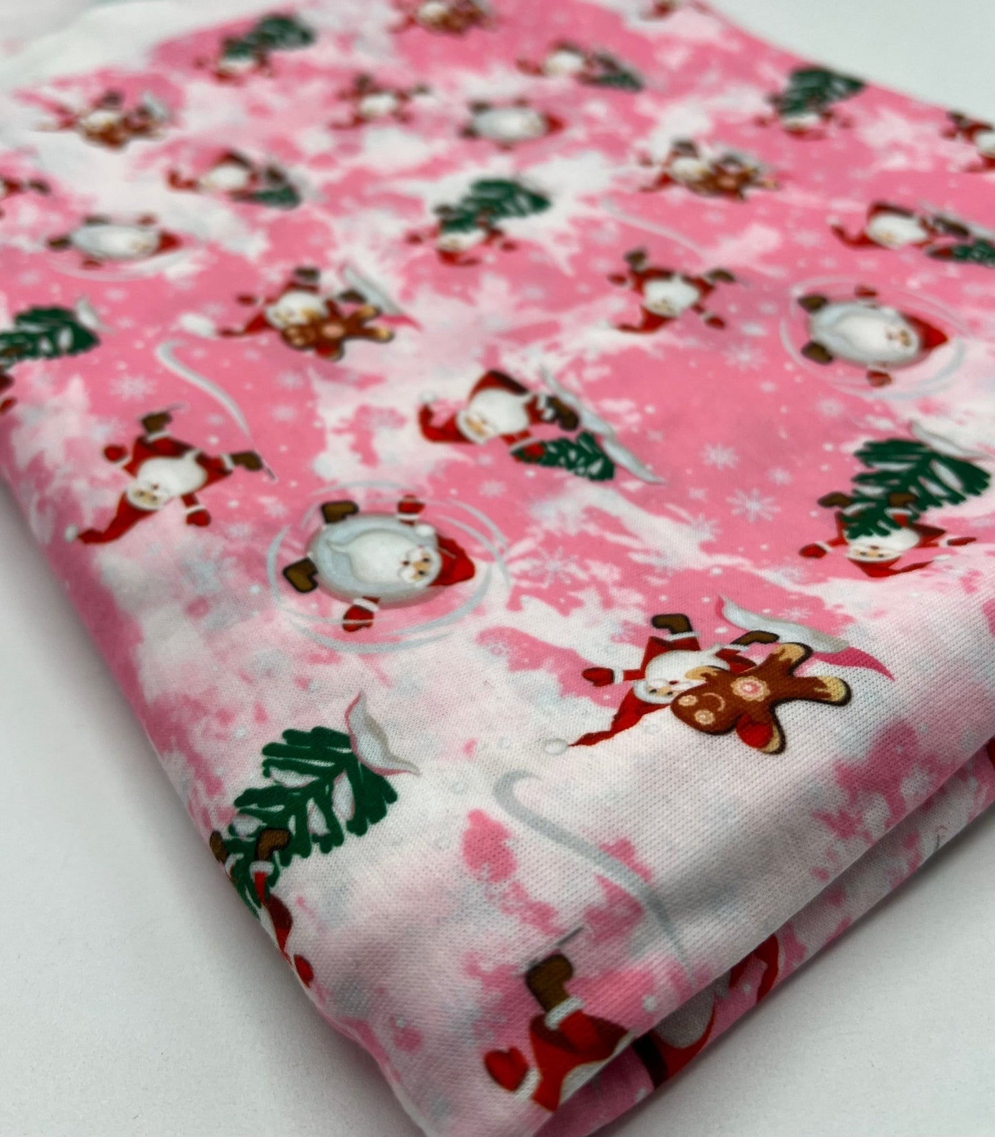 Pink Santa Print Soft Spun Poly Stretch Fabric - T9 Fabrics