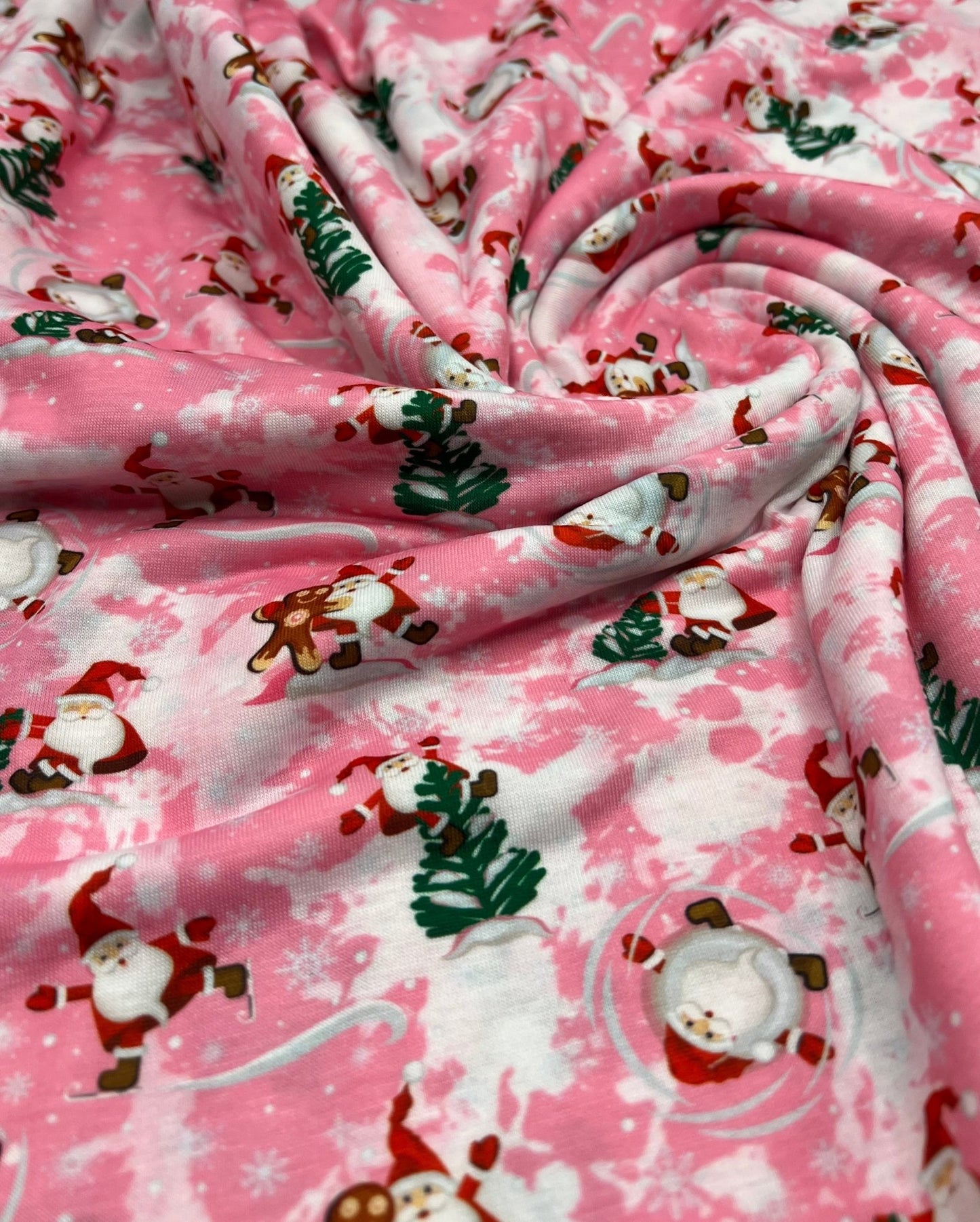 Pink Santa Print Soft Spun Poly Stretch Fabric - T9 Fabrics
